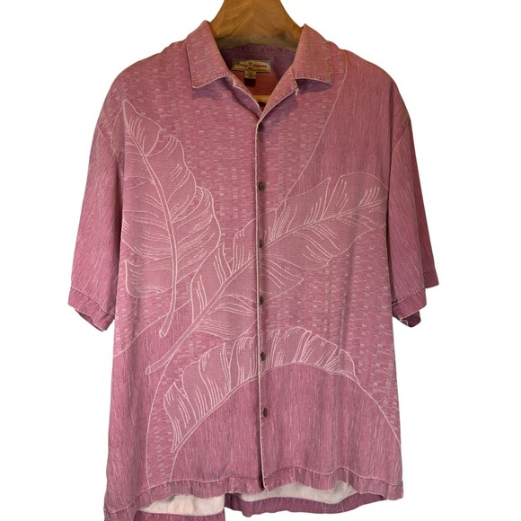 Tommy Bahama Other - Tommy Bahama Silk Camp Shirt Men's Large Salmon Pink Tropical Leaf Short Sleeve